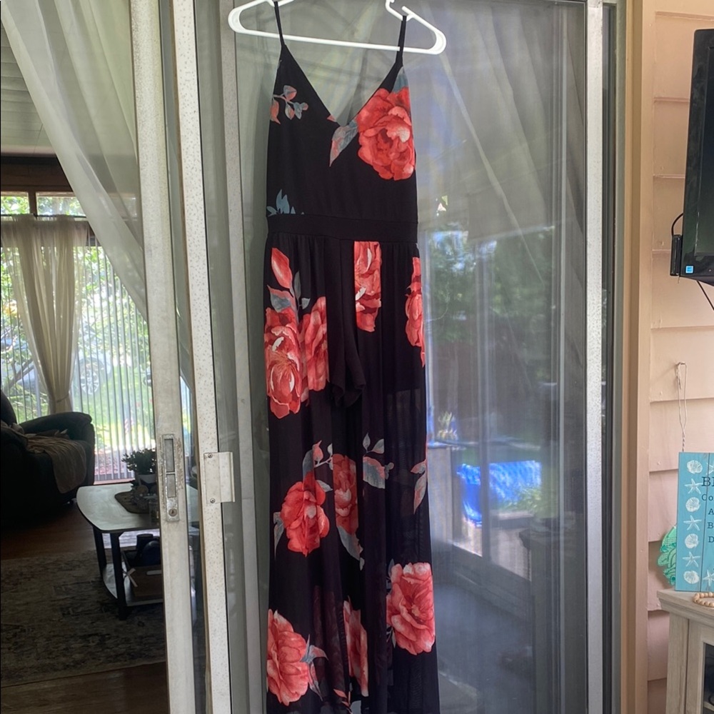 Chic Black Dress with Red Floral Design